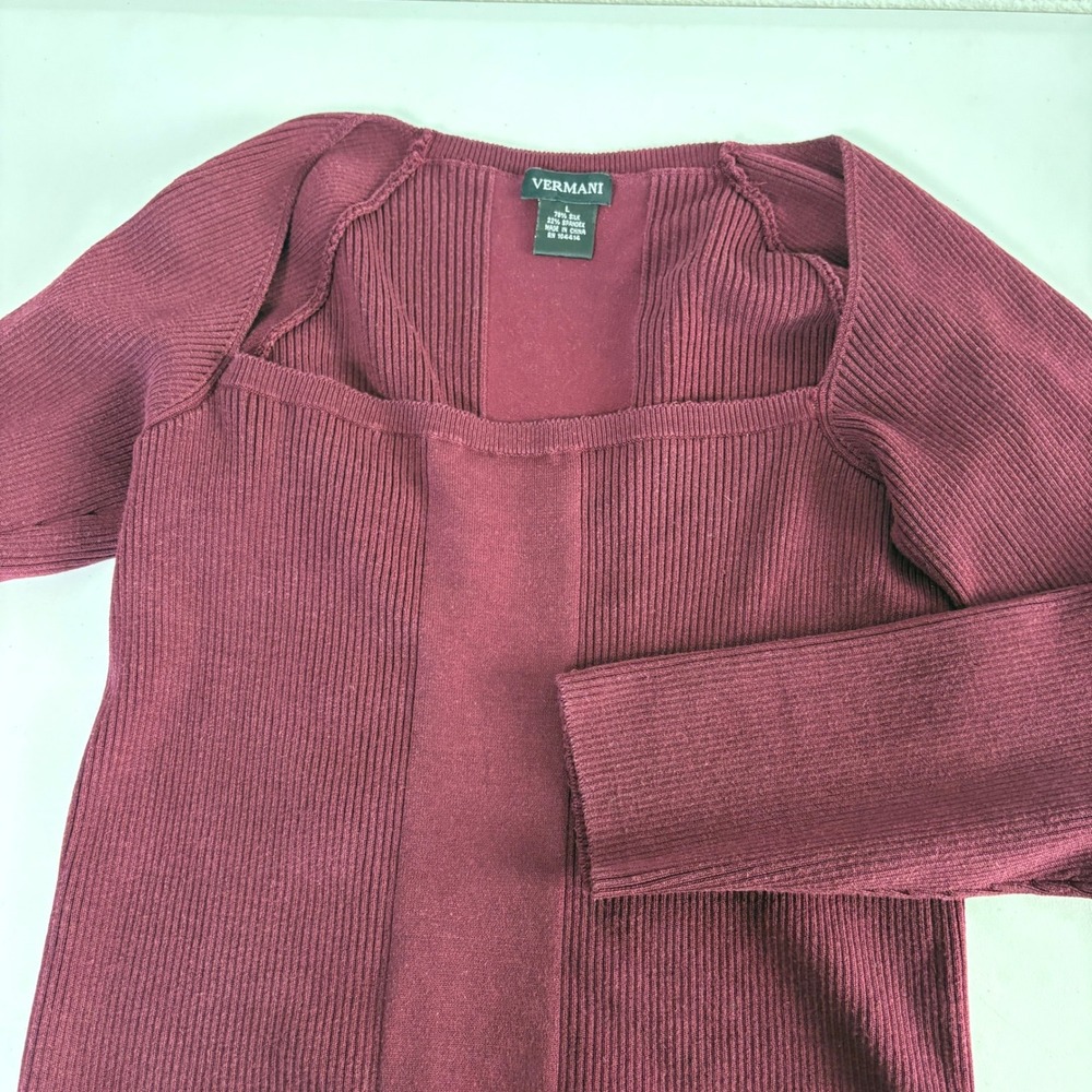 Vermani Silk Blend Sweater Womens L Burgundy Square Neck Ribbed Long Sleeve - Picture 6 of 8